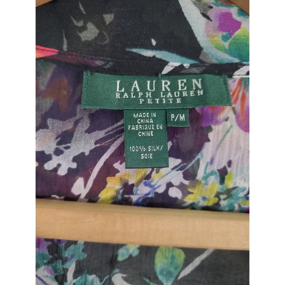 LAUREN Ralph Lauren Petite Floral Silk Ruffle Pussybow Blouse Top P/M - Picture 3 of 8
